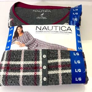 NWT Nautica Women Textured Plaid Stretch Microfleece 2piece Sleepwear Set